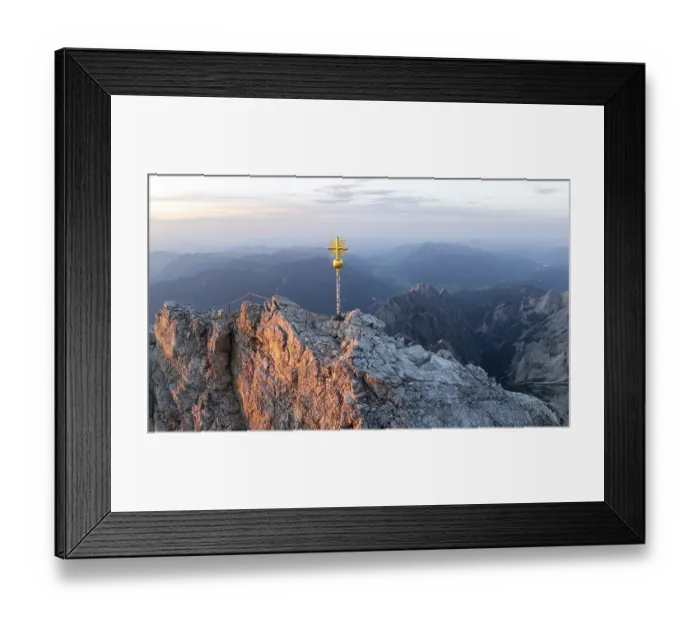 Framed Print : Sunset, aerial view, Zugspitze and summit cross