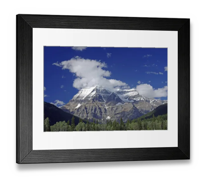 Framed Print : Snow-capped mountains under a clear blue sky with clouds and forest in the foreground Framed Print : Snow-capped mountains under a clear blue sky with clouds and forest in the foreground