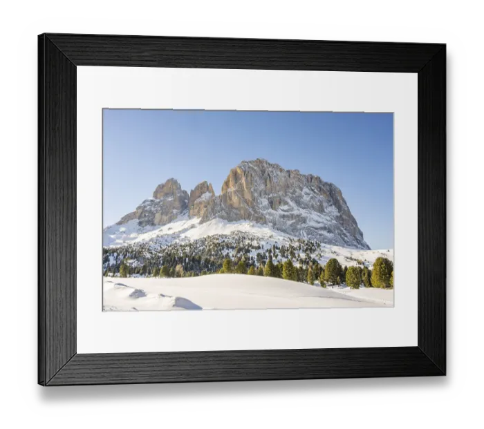Framed Print : Beautiful landscape of the Mountain silhouettes of the Sexten Dolomites on a sunny winter day