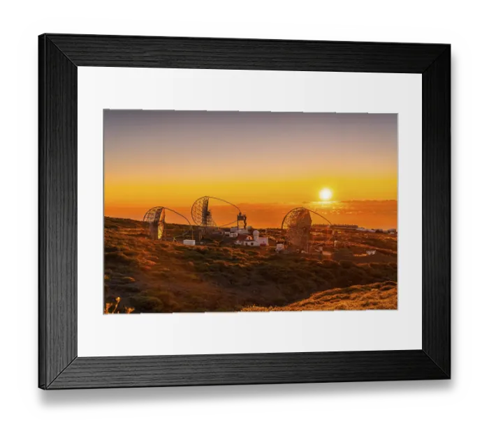 Framed Print : The new astronomical observatory of the Caldera de Taburiente in a beautiful orange sunset
