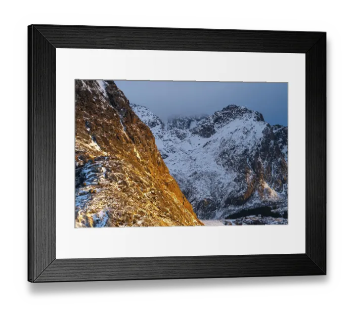 Framed Print : Illuminated rock masiv at sunrise in Scandinavian landscape