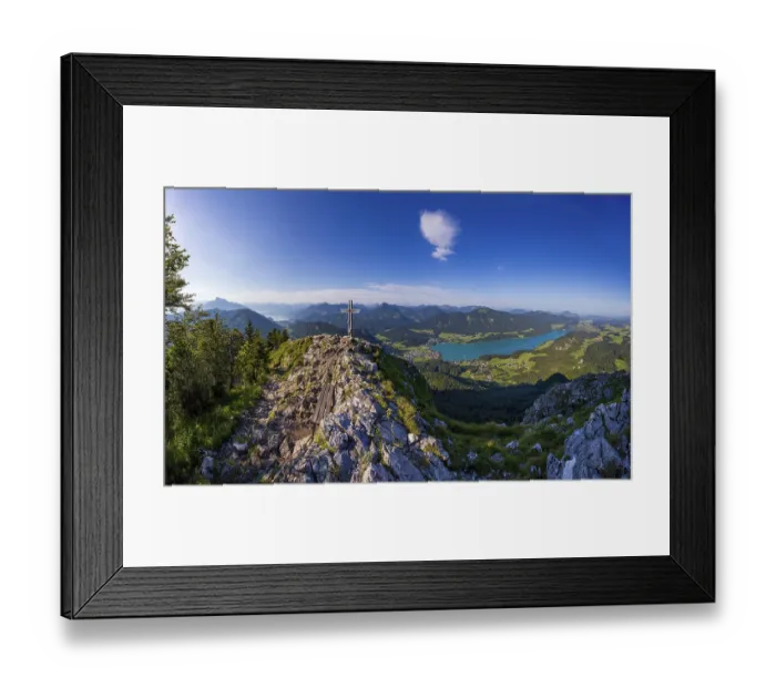 Framed Print : Summit cross on the Frauenkopf with a view of Lake Fuschl Framed Print : Summit cross on the Frauenkopf with a view of Lake Fuschl