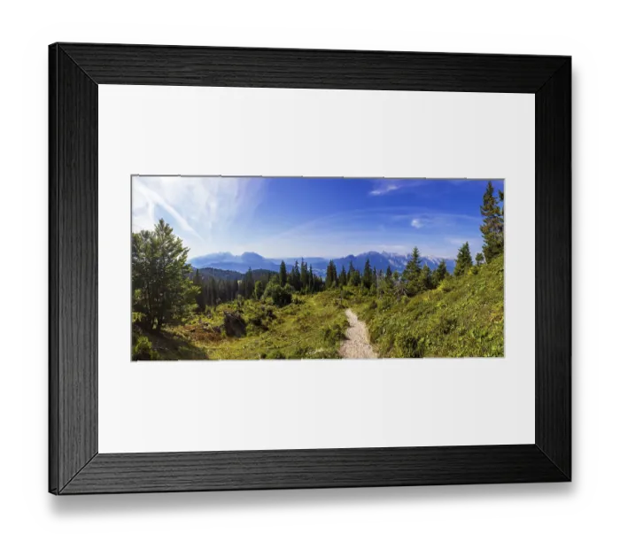 Framed Print : Wanderweg durch einen Gebirgswald zum Gipfel des Taborberg mit Blick zum Tennengebirge und Gosaukamm