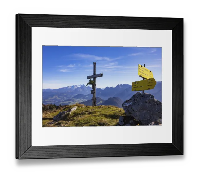Framed Print : Old summit cross on the Schwarzer Berg with a view of the Dachstein massif Framed Print : Old summit cross on the Schwarzer Berg with a view of the Dachstein massif