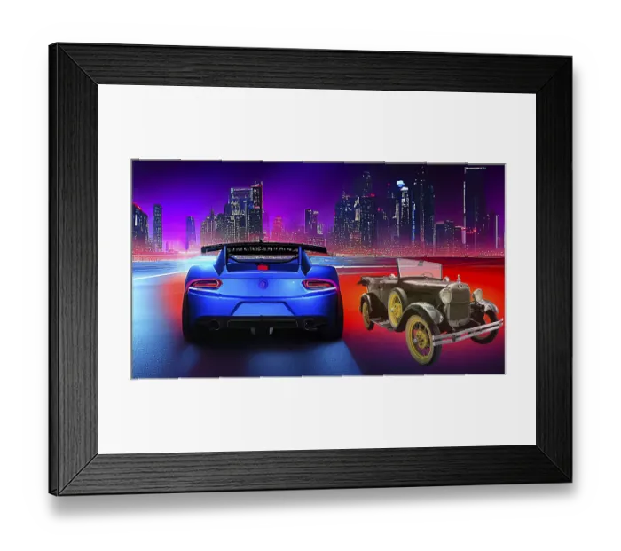 Framed Print : Symbolic image, automobile, comparison of classic and futuristic cars Framed Print : Symbolic image, automobile, comparison of classic and futuristic cars