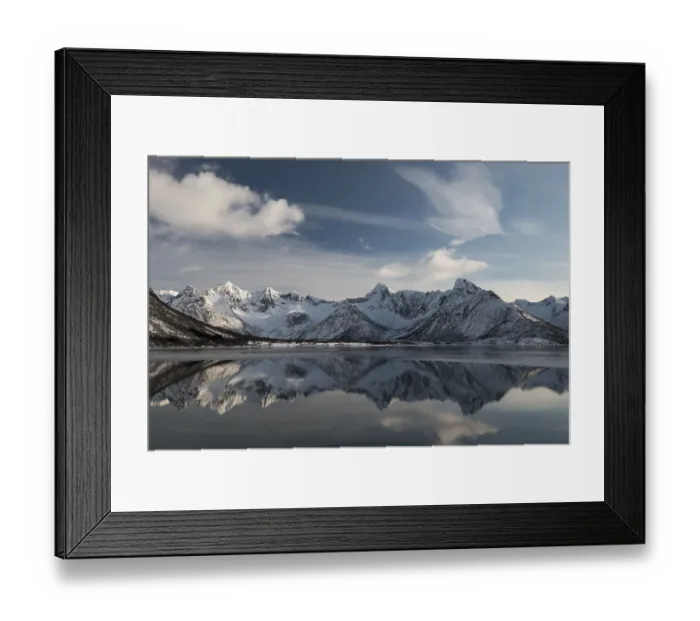 Framed Print : Snowy mountains reflected in water