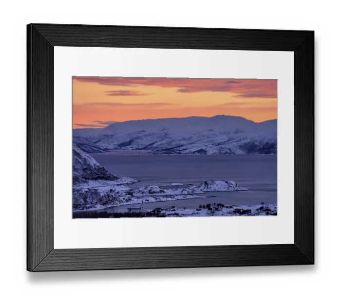 Framed Print : Fjord with islands in winter at sunset