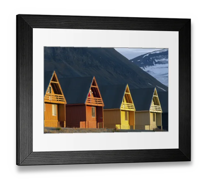Framed Print : Colourful wooden houses in the settlement of Longyearbyen in summer