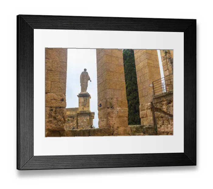 Framed Print : Ancient roman ruins with a statue and cypress tree in tarragona