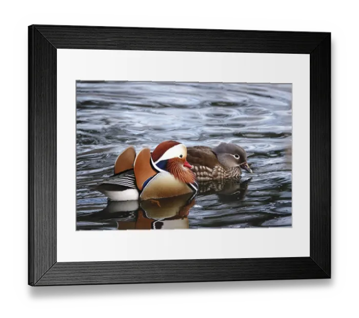Framed Print : Mandarin ducks in a lake, winter, Germany, Europe Framed Print : Mandarin ducks in a lake, winter, Germany, Europe