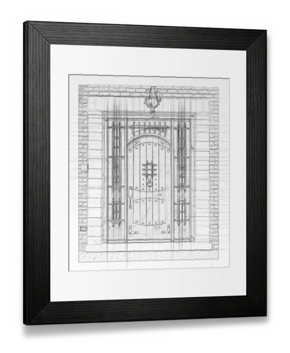Framed Print : Artist rendering sketch of beautiful luxury residential front door on white