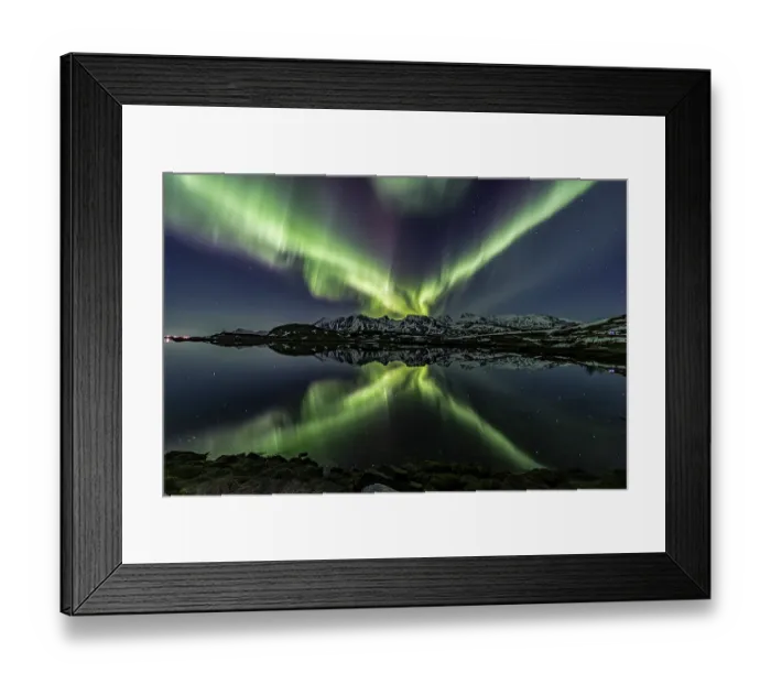 Framed Print : Yellow and green northern lights reflected in fjord