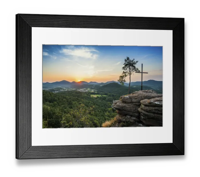 Framed Print : Sandstone rock with pine tree and summit cross