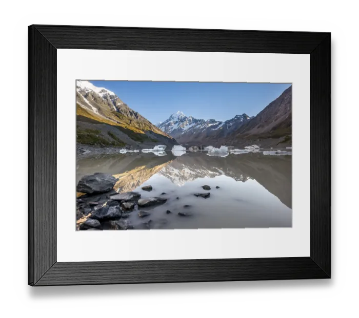 Framed Print : Shore with rocks, reflection in Hooker Lake at sunrise