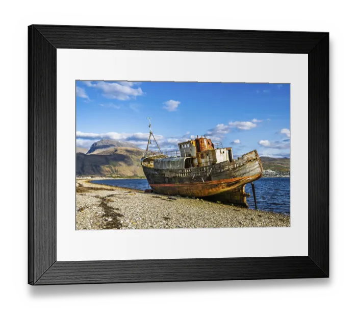 Framed Print : Corpach Wreck or Old Boat of Caol and Nevis Range Mountains