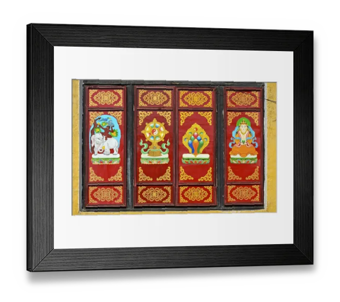 Framed Print : Traditional Buddhist motifs on wall