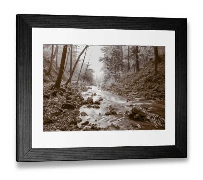 Framed Print : Zellerache flows through autumn forest in morning mist