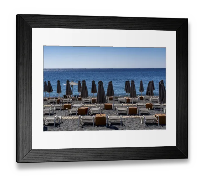 Framed Print : Beach, empty, organised, with sun loungers and parasols