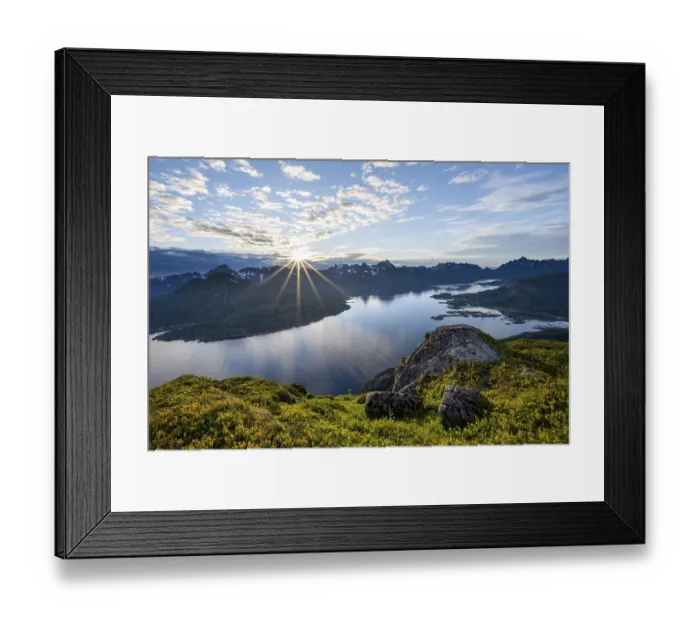 Framed Print : View of Fjord Raftsund and mountains in the evening light