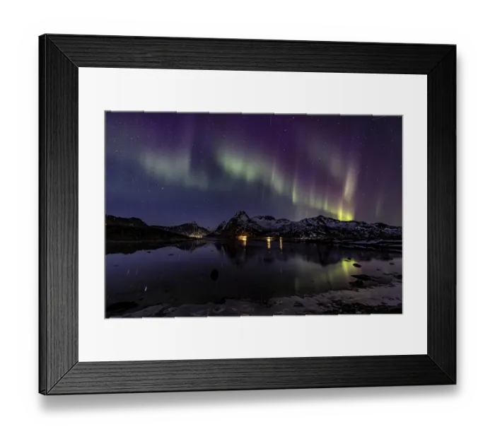 Framed Print : Northern lights over fjord, steep mountains
