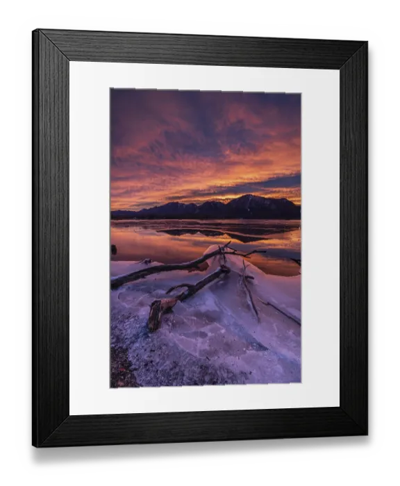 Framed Print : Dawn, mountains reflected in lake