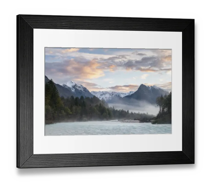 Framed Print : River Soca with Svinjak Mountain in the morning Framed Print : River Soca with Svinjak Mountain in the morning