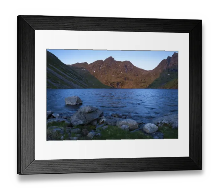 Framed Print : Lake Utdalsvatnet at night at the time of the midnight sun in good weather