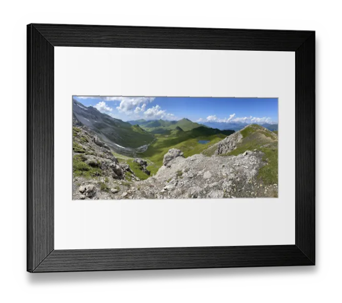 Framed Print : View of the Casanna Pass and unnamed green mountain lake