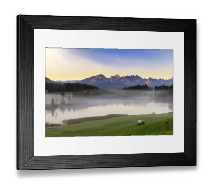 Framed Print : Mountain landscape with lake in the morning mist Framed Print : Mountain landscape with lake in the morning mist