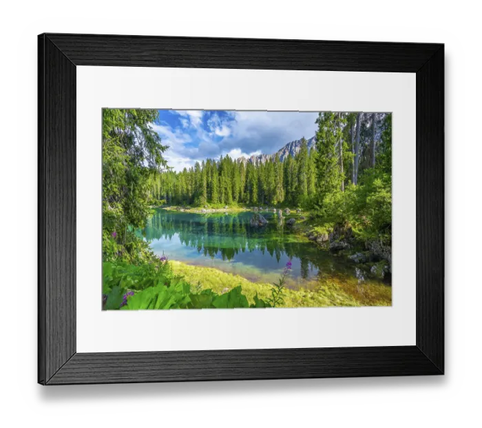 Framed Print : Emerald waters of lake carezza reflecting surrounding fir trees