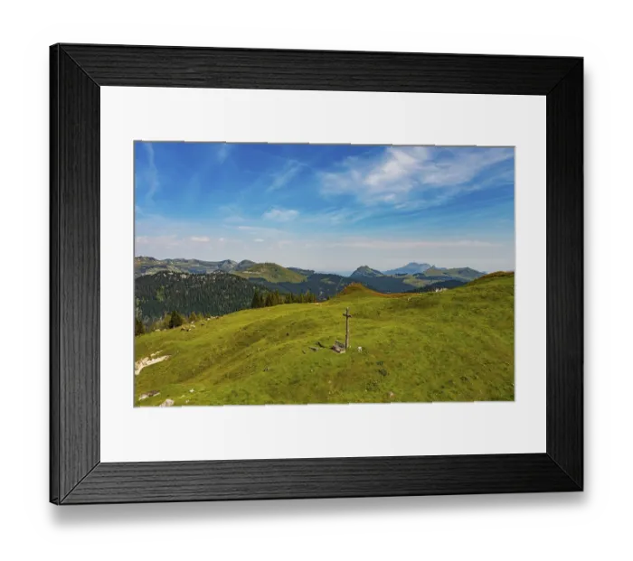 Framed Print : Drone image, at the summit of the Taborberg with a view of the Osterhorn group Framed Print : Drone image, at the summit of the Taborberg with a view of the Osterhorn group