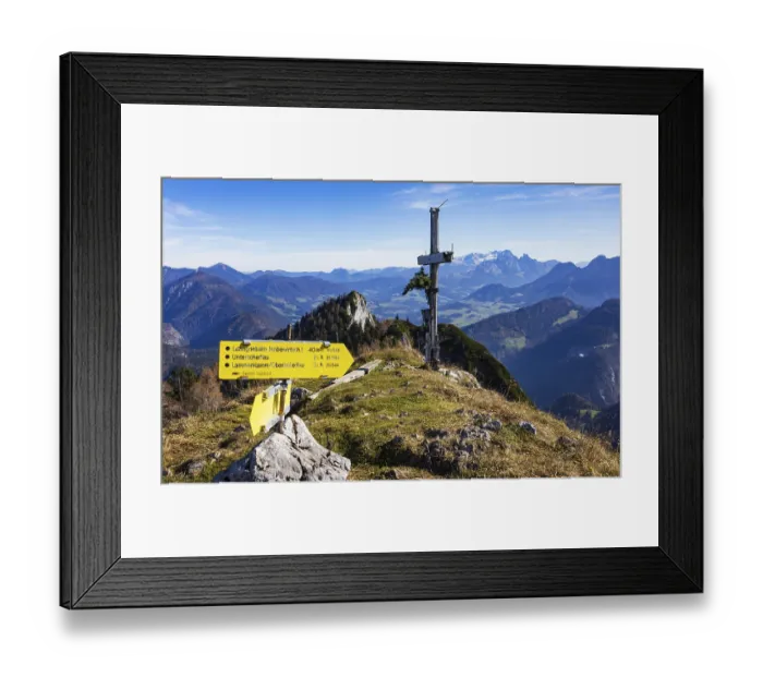 Framed Print : Old summit cross on the Schwarzer Berg with a view of the Dachstein massif Framed Print : Old summit cross on the Schwarzer Berg with a view of the Dachstein massif