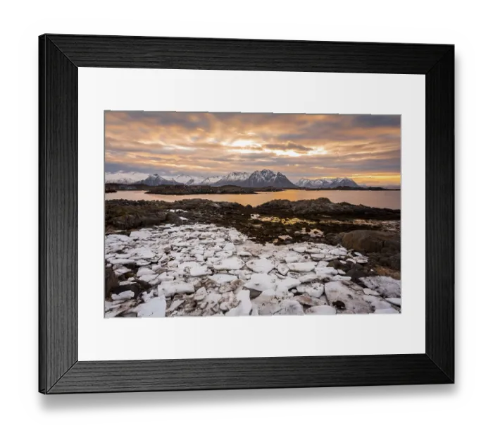 Framed Print : Sunset on the coast of Laukvik in winter