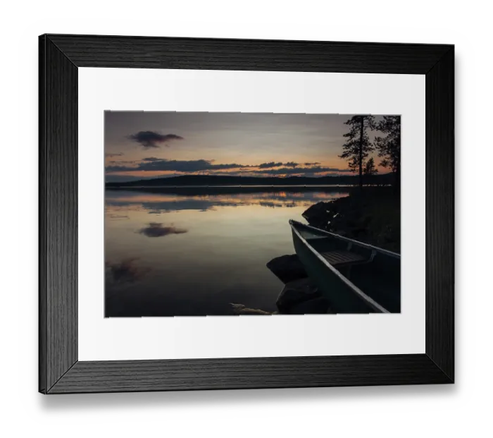 Framed Print : Canoe on shore at sunset, Lake Vaekkaeraejaervi Framed Print : Canoe on shore at sunset, Lake Vaekkaeraejaervi