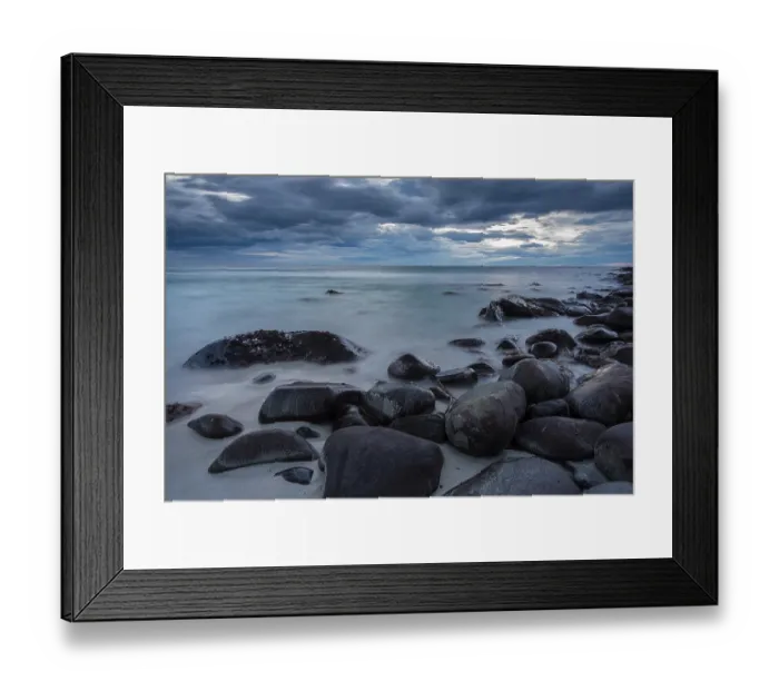 Framed Print : Rocks on the beach, sunset, Unstad