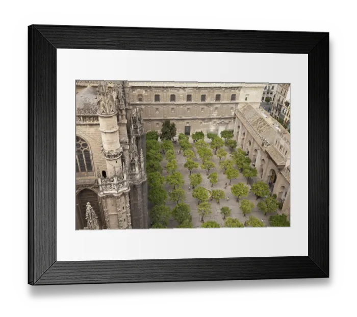 Framed Print : View from the bell tower into the orange tree courtyard of the Cathedral of Santa Maria de la Sede and over the city