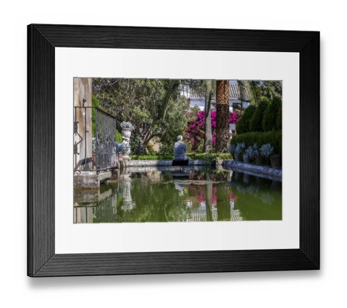 Framed Print : Senior citizen sitting by a pond in a beautiful park