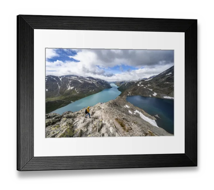 Framed Print : View of Lake Gjende, Lake Bessvatnet and mountains