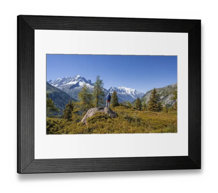 Framed Print : Larches in autumn colour, hiker looking at mountain panorama from Aiguillette des Posettes