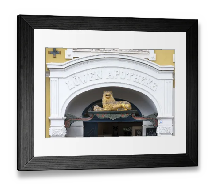 Framed Print : Lion figure above the entrance of the Alte Loewen Apotheke