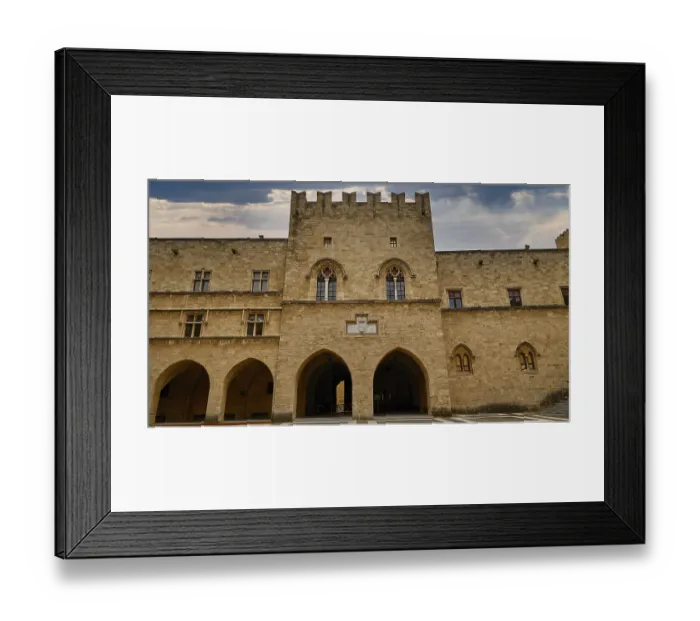 Framed Print : Super wide angle shot, view of the Tor tor and the facade of an old castle under a cloudy sky Framed Print : Super wide angle shot, view of the Tor tor and the facade of an old castle under a cloudy sky