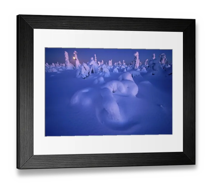 Framed Print : Snowy landscape with full moon