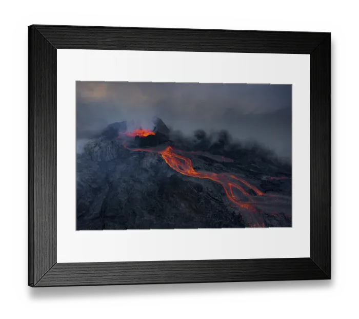 Framed Print : Aerial view, erupting volcano with lava fountains and lava field Framed Print : Aerial view, erupting volcano with lava fountains and lava field