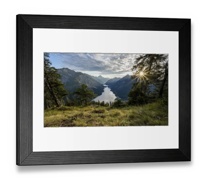 Framed Print : View of the Plansee lake from Schoenjoechl at sunset