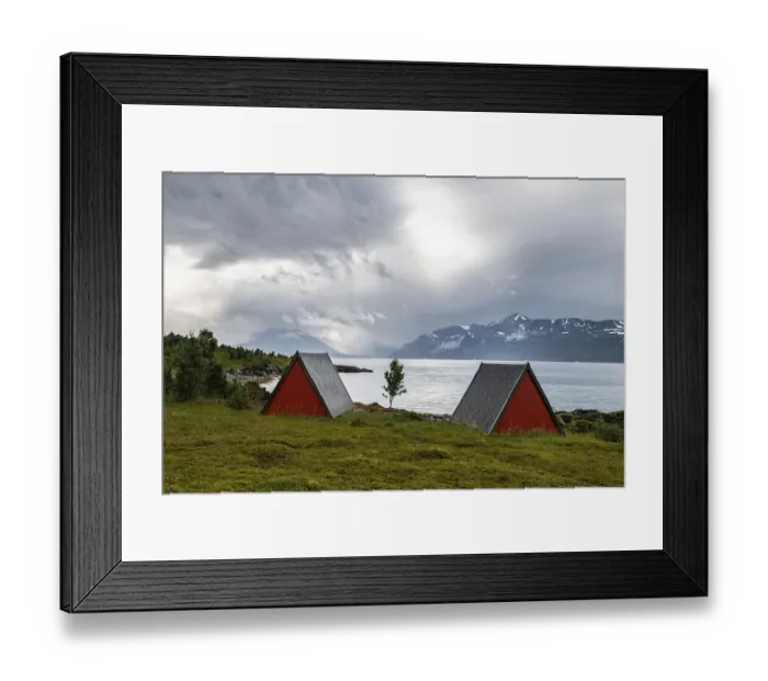 Framed Print : Boat cabins by the fjord, Lyngenfjord