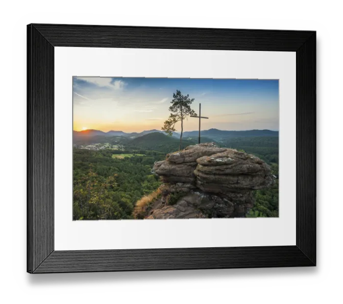 Framed Print : Sandstone rock with pine tree and summit cross