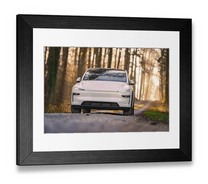 Framed Print : White car on a forest path, surrounded by trees in the sunlight