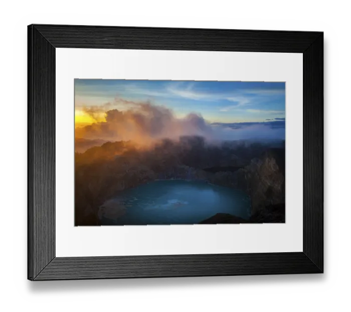 Framed Print : Sunrise at Kelimutu Volcano, fog over crater with crater lake
