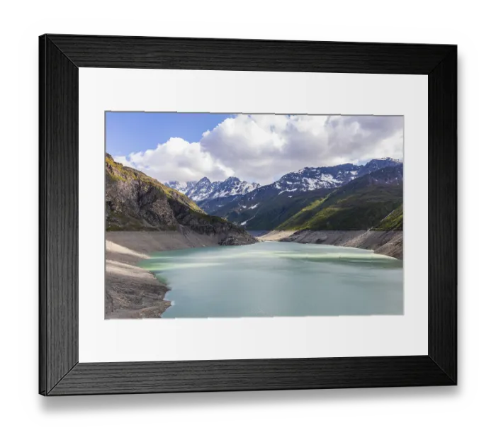Framed Print : Moiry reservoir with low water
