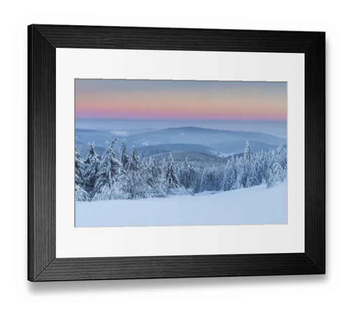 Framed Print : Snow Covered Winter Landscape at Dawn